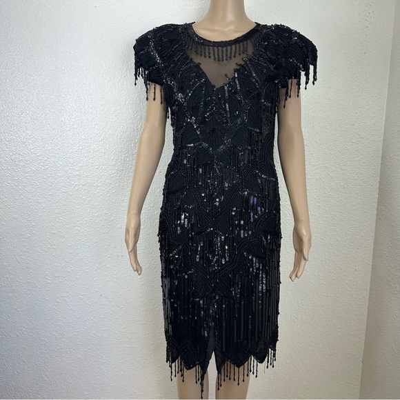 Vtg LAURENCE KAZAR Embellished Beaded Fringe Hem 100% Silk Dress great Gatsby - Picture 1 of 16